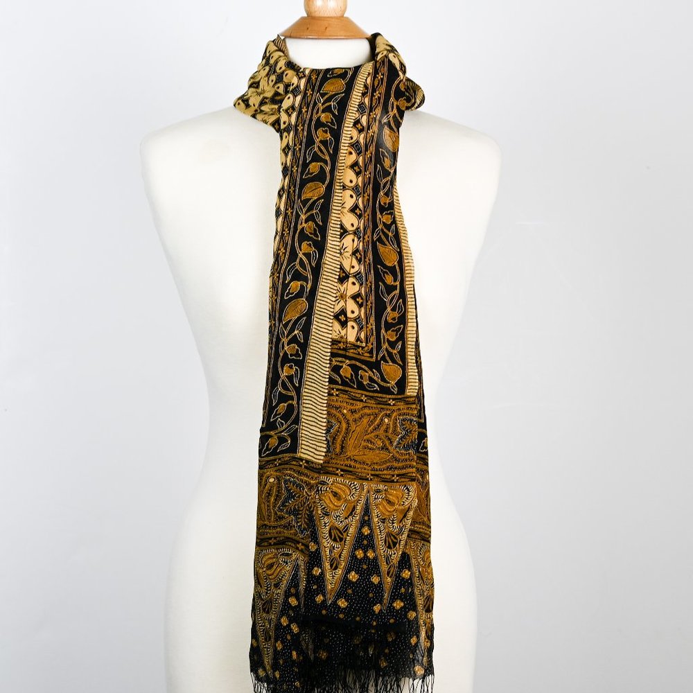 Silk Crepe Scarf, Sarong, wrap Black Harvest gold cream 40" x 76" floral
